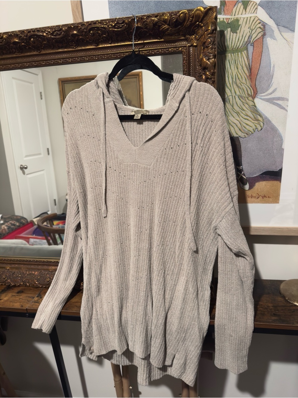 Barefoot Dreams V-Neck Hooded Ribbed Sweater in Light Beige